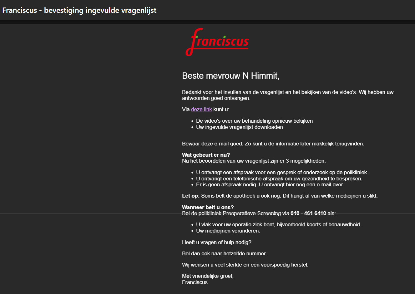 Voorbeeld bevestiging na invullen van vragenlijst